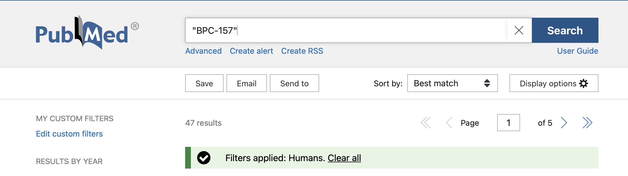 Screenshot of PubMed, showing a search for BPC-157, filtered for humans, and returning 47 results.